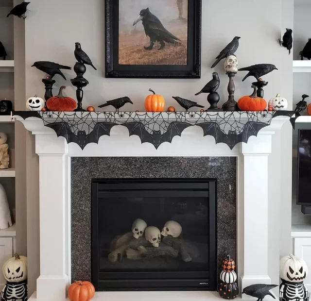 Ravens and crows Halloween decoration on chimney